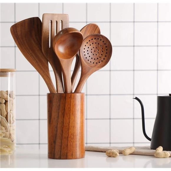 Wooden Spoons for Cooking, Tmkit Cooking Utensils Set of 6 Natural Teak Wooden - Picture 2 of 6